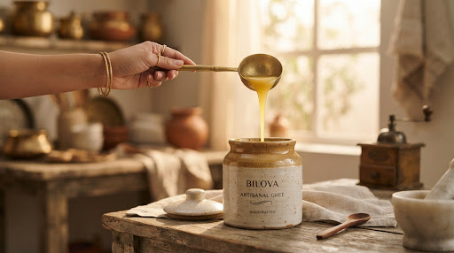 Golden ghee being spooned into a glass jar